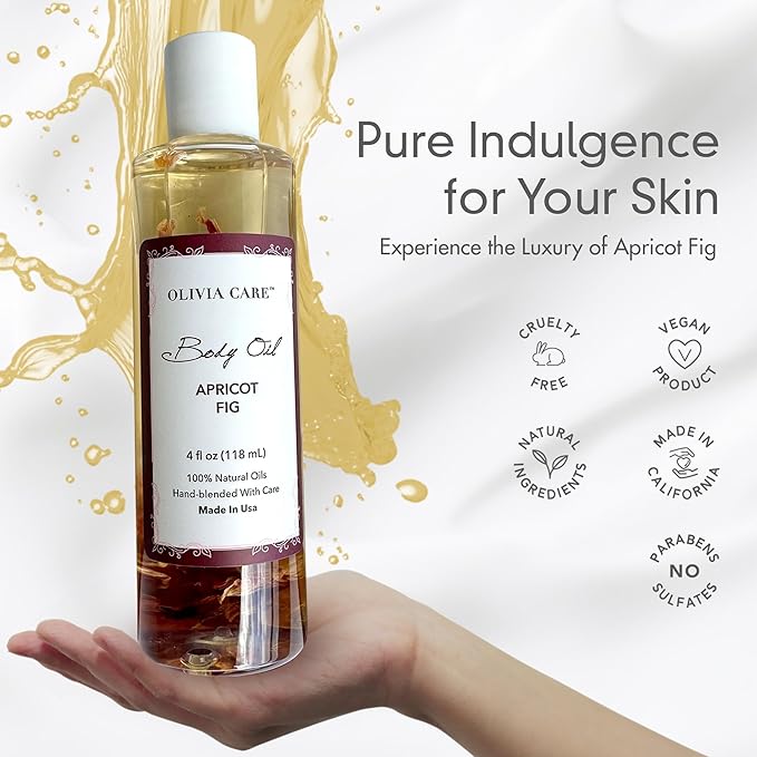Olivia Care Body Oil Apricot Fig Vegan & Natural Moisturizing - Infused with VITAMIN E, K & Omega Fatty Acids - Refreshing Fragrance - Reduce Dry Skin, Anti-Aging Properties (Apricot Fig)