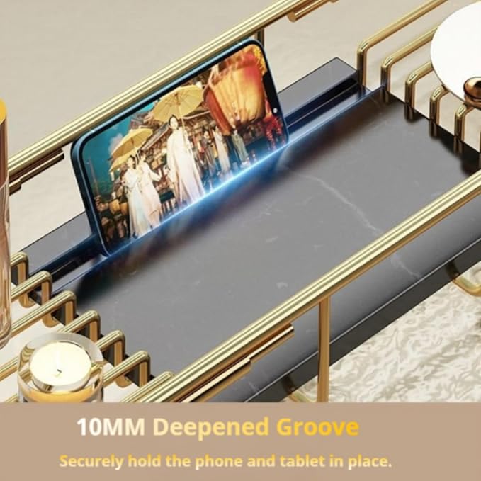 Bathtub Tray Caddy for Luxury Bath, Stainless Steel 26.8-35.4 in Expandable Extra Wide Bath Tub Tray with Natural Marble and Mobile/Tablet Stand, Ideal for Home Spa Lovers (Gold + White)