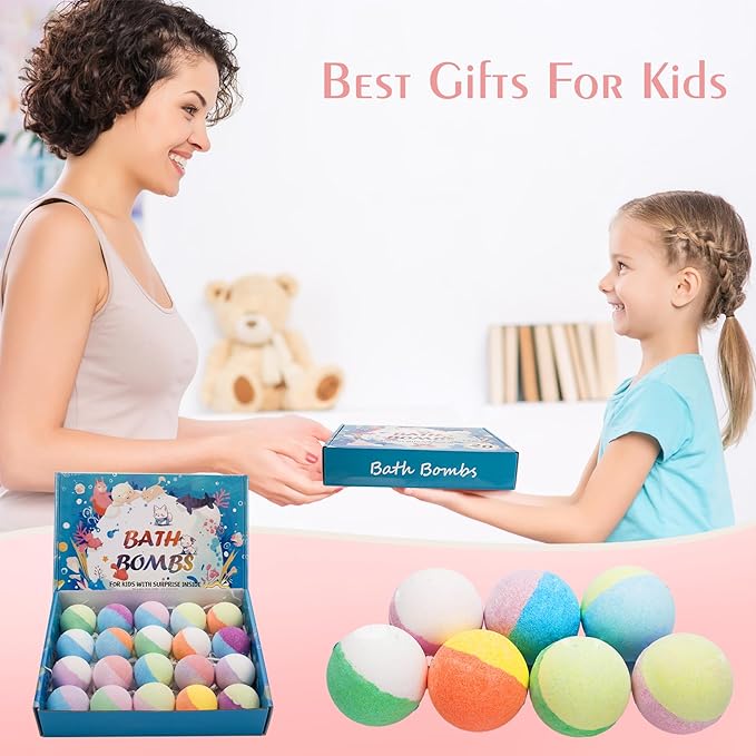 20 Pack Bath Bombs for Kids with Surprise Inside Bubble Bath Toys Organic Natural Bath Bombs Set Stocking Stuffers Birthday Christmas Gifts for Kids 3 4 5 6 7 8 Years Old Boys Toddlers Girls