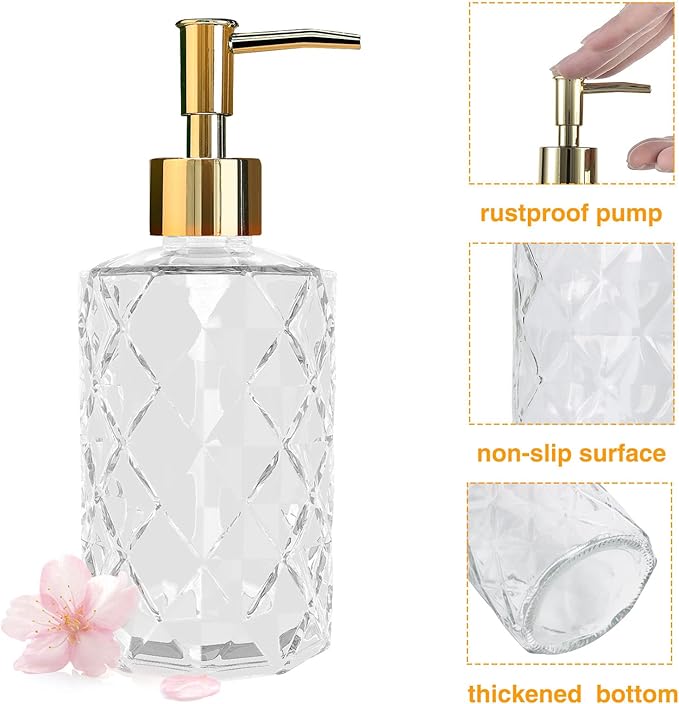 Clear Glass Soap Dispenser with Gold Plastic Pump, 2 Pack 12oz Diamond Hand Soap Dispenser, Refillable Lotion Dispenser & Dish Bathroom Dispenser for Liquid, Shower Gel