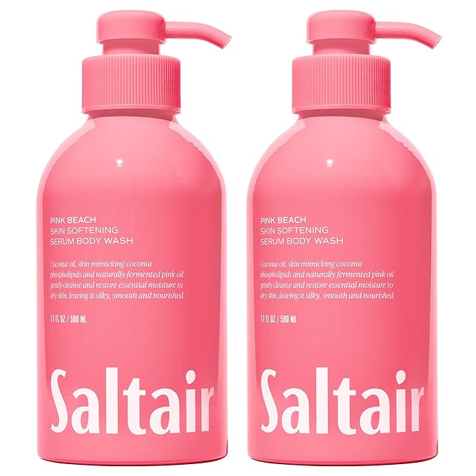 Saltair Body Wash, Pink Beach 2-Pack. Moisturizing Body Cleanser with Monoi Oil and Cupuacu Butter. Luxury Shower Gel for Women and Men. Vegan, Cruelty-Free, Paraben-Free. 2x 17oz Pump Bottles