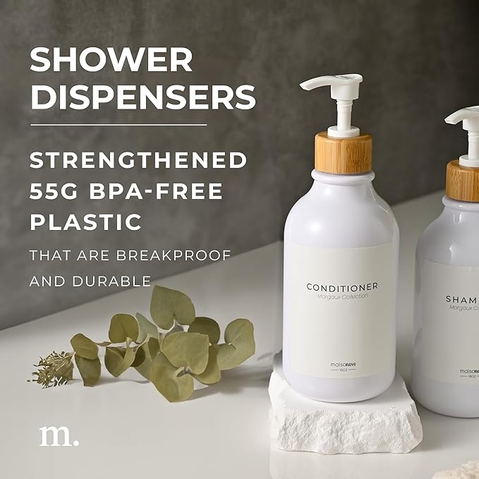 MaisoNovo Refillable Shampoo and Conditioner Bottles | 16.9 fl oz Set of 3 White Plastic Bottles White Bamboo Pumps