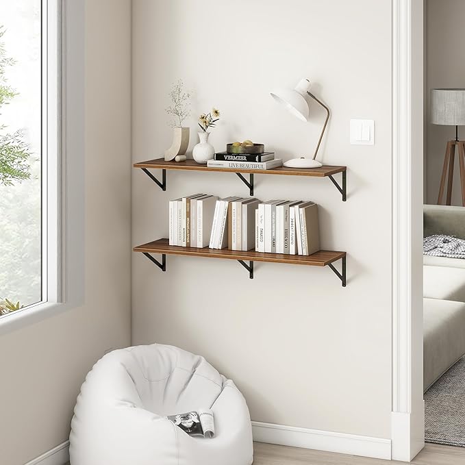 Fun Memories 40 Inch Floating Shelves, 12 Inch Deep Wall Shelf, 40 x 12 Floating Shelf Set of 2, Wood Floating Shelf Wall Mounted, Large Kitchen Living Room Bedroom Storage Shelves, Walnut