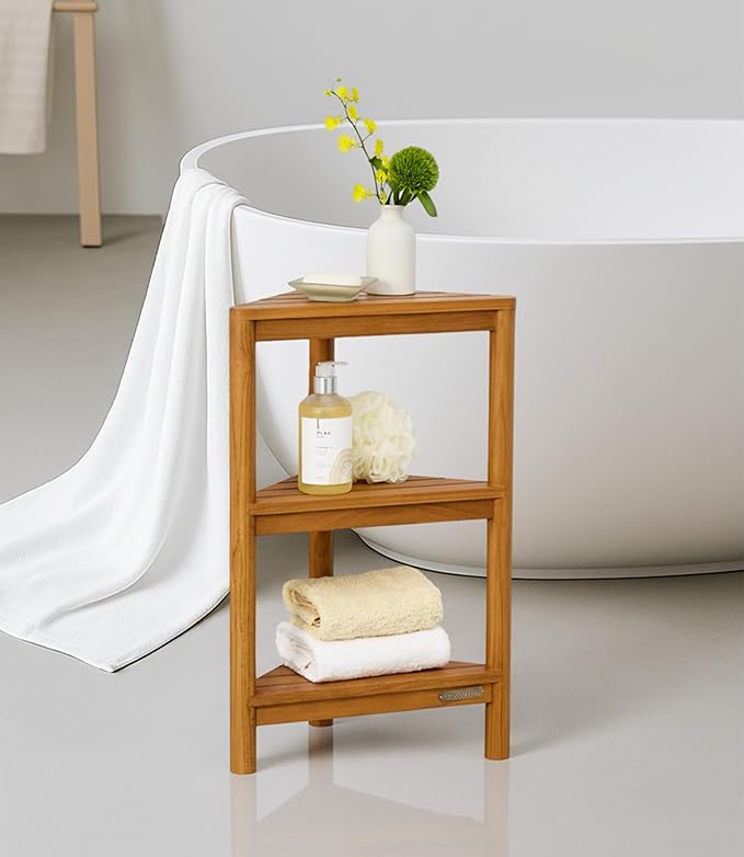 Fully Assembled Teak Corner Bath Shower Storage Stand, Corner Shelves, Shower Caddy 26.5"