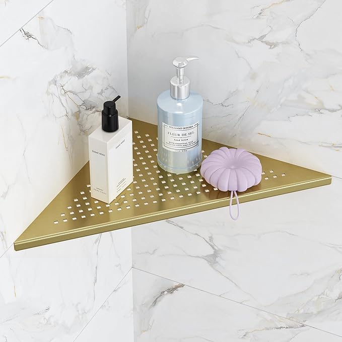Bathroom Corner Shelf, Recessed 12" Shower Shelf Caddy, SUS304 Stainless Steel Shelf Wall Mount Triangular, No Drilling, Brushed Golden