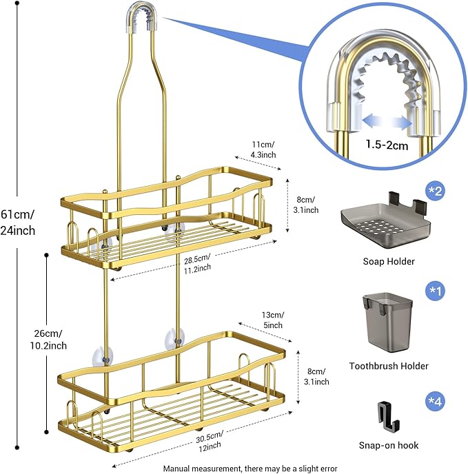 Hanging Shower Caddy Bathroom Organizer: Rustproof Shower Shelf Racks Over Shower Head - No Drilling Inside Bath Shower Rack Shelves Over Showerhead for Shampoo with Soap Holder Gold