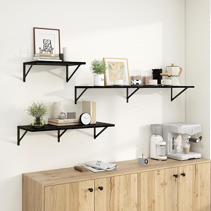 Dreamland Floating Shelves for Wall, 12 Inch Deep Floating Shelves Set of 2, 48W x 12D Large Wall Shelf with Sturdy Metal Brackets for Living Room, Bathroom, Bedroom and Kitchen, Black