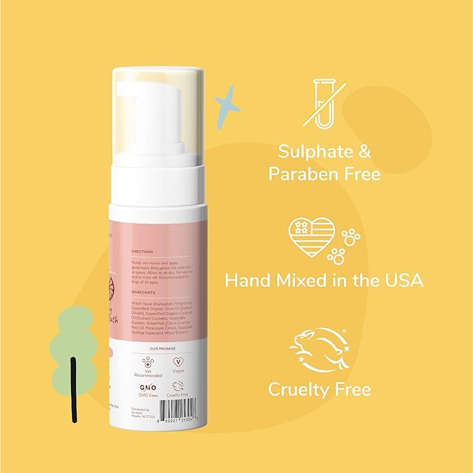 kin+kind Waterless Dry Shampoo for Dogs - Rinse-Free, Eliminate Itch and Odor, Natural Formula with Witch Hazel, Coconut Oil, Olive Oil and Grapefruit - Made in USA