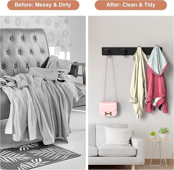 PMMASTO Coat Rack Wall Mount, Coat Hooks Wall Hooks for Hanging, Stainless Steel Coat Hanger Towel Hooks for Bathrooms, Coat Rack Hat Rack (Black 4 Hooks, 1 Pack)