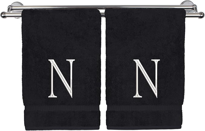 Monogrammed Hand Towel, Personalized Initial Gift, Extra Absorbent 100% Turkish Cotton - Soft Terry Finish - Set of 2 - White Block Initial N - Embroidered on Black Towels
