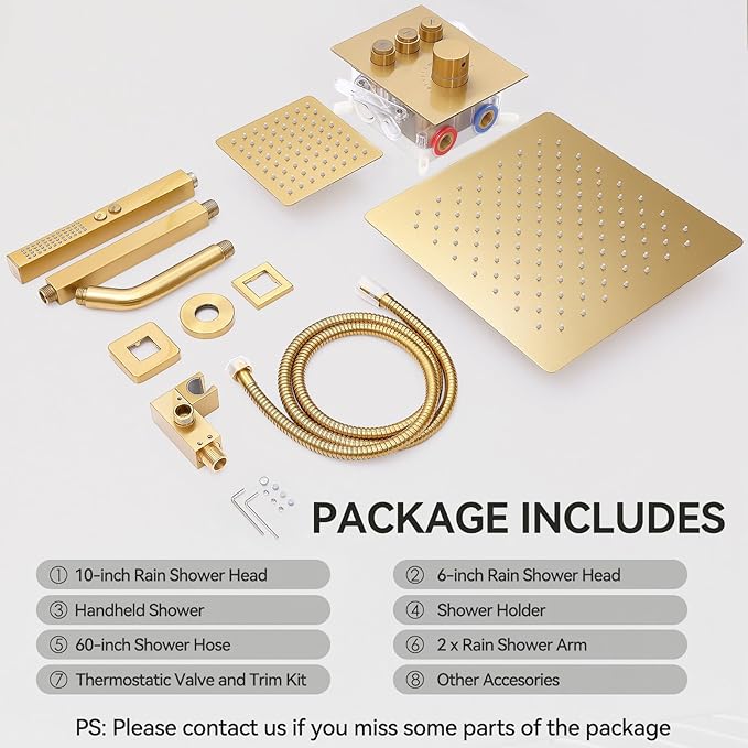 Brushed Gold Shower System, STARBATH Ceiling Mounted 10+6 Inch Rainfall Shower Head with 2 in 1 High Pressure Handhled, Can Use All at Once, Push Button Diverter Thermostatic Valve with Trim Kit