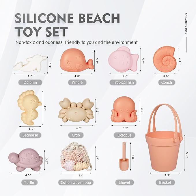 MarcZero 11Pcs Silicone Beach Toys,Modern Baby Beach Toys,Travel Friendly Beach Set,Silicone Bucket, Shovel, 8 Sand Molds, Beach Bag, Sand Toys for Toddlers, Kids (Peach)
