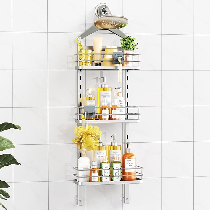 ODesign 3 Tier Height-Adjustable Shower Caddy Hanging Anti-Swing-Over The Shower Head Caddy-Storage Organizer Bathroom Shelves Basket-Silver