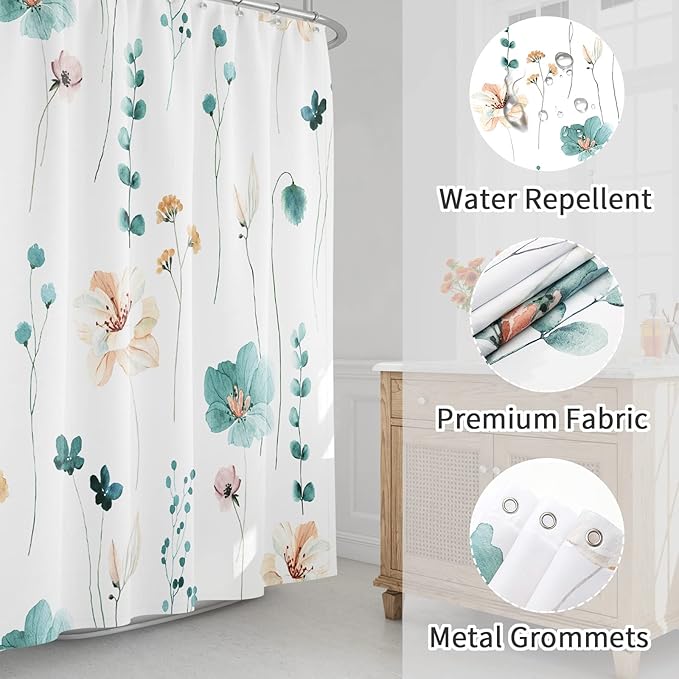 Gibelle Extra Long Shower Curtain 72 x 84, Watercolor Floral Fabric Shower Curtain, Teal Beige Flower Decorative Bathroom Shower Curtain Set
