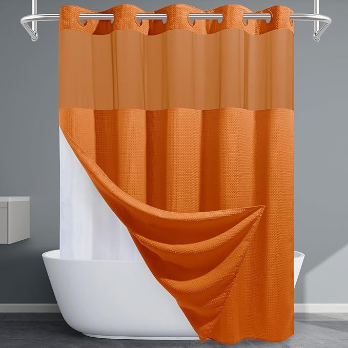 Burnt Orange No Hook Shower Curtain with Snap in Liner,230GSM Waffle Weave Shower Curtains for Bathroom,71W x 74H