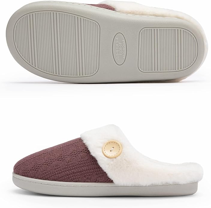 Chantomoo Womens Slipper Warm Comfy Memory Foam House Slippers Knitted Shoes Faux Fur Lined Anti-Skid Rubber Sole Bedroom Cozy Indoor Outdoor Slippers