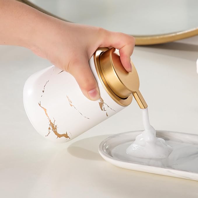 Enra Hand Foaming Gold Soap Dispenser,12 oz Ceramic Foam Soap Dispenser for Bathroom Countertop Kitchen Dispenser for Dish Soap with Easy-to-Press (Glod Foam Type2)