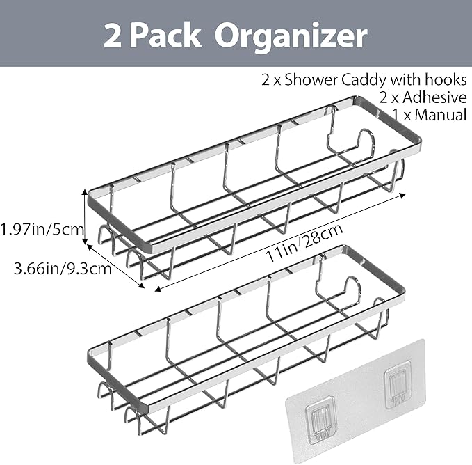 Shower Caddy Organizer with Hooks,Self Adhesive Bathroom Shelves,No Drilling Bathroom Organizers and Storage,Perfect for RV, Apartment, Home Decor,2 Pack Silvery