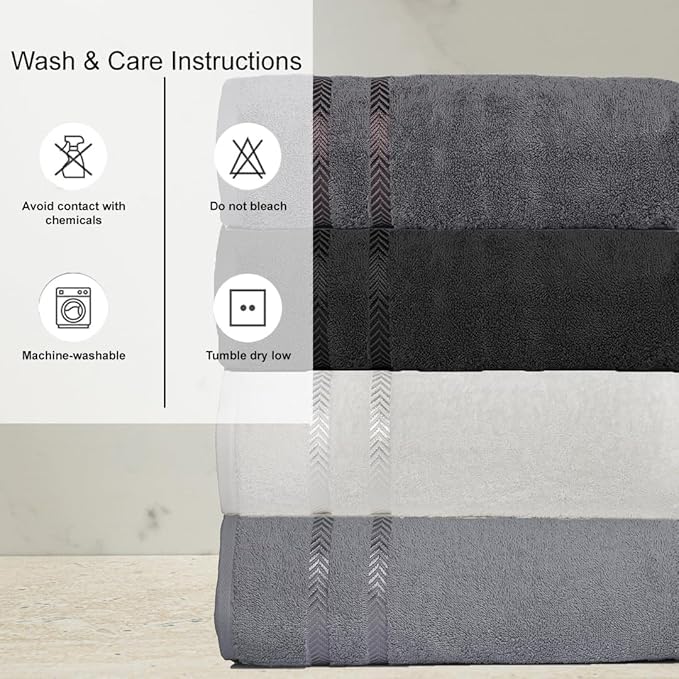 CASA COPENHAGEN Ember, 500 GSM, 27x55 Inches Large Bath Towels, Set of 4 Towels, Super Soft and Absorbent, Egyptian Cotton Towels for Bathroom & Shower - Light Grey +White +Black +Dark Grey