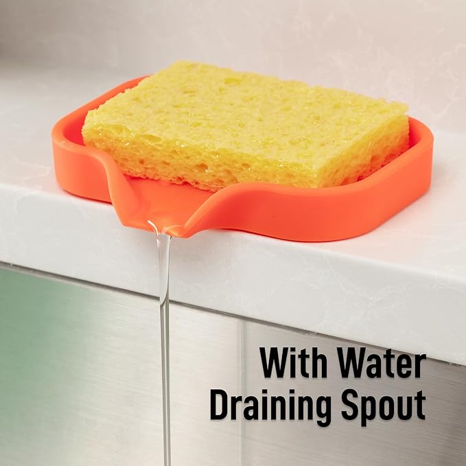 Zulay Kitchen Small Silicone Sponge Holder (4.9x3.3”) – Space-Saving Sink Organizer Tray for Sponge, Soap, Brush & More – Compact Non-Slip Dish for Kitchen & Bathroom (Orange)