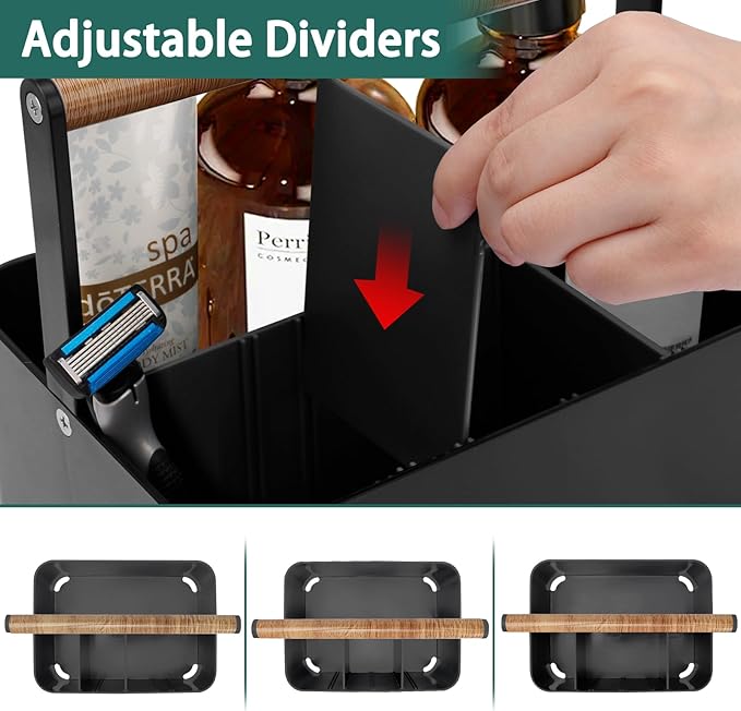 Portable Shower Caddy Dorm: Bathroom Caddy Organizer with Handle and Adjustable Dividers,Plastic Shower Basket for Toiletry,Makeup,Vanity,Shower Storage Tote for College, Cleaning Caddy, Black