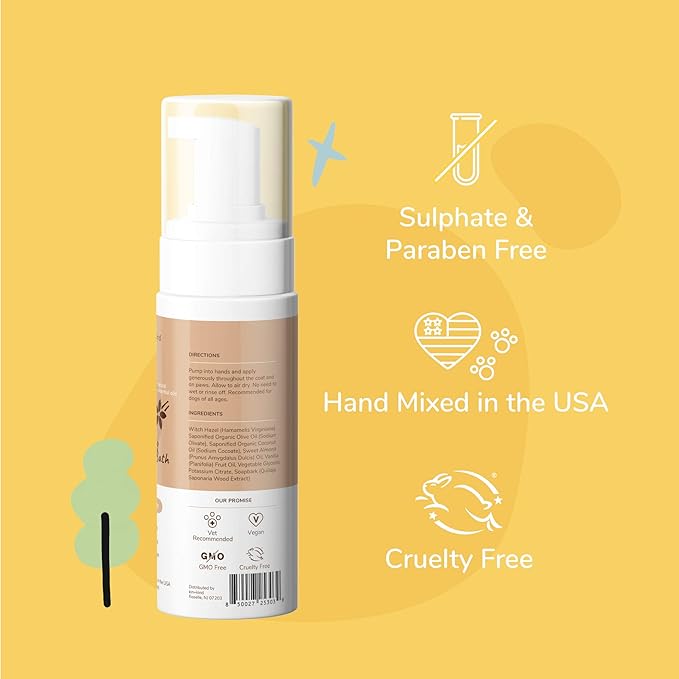 kin+kind Waterless Dry Shampoo for Dogs - Rinse-Free, Eliminate Itch and Odor, Natural Formula with Witch Hazel, Coconut Oil, Olive Oil, Almond and Vanilla - Made in USA