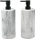 Marble Resin 2 Piece Shampoo and Conditioner Dispenser Set, Luxurious Refillable Pump Bottles with Matte Pump Top and Embossed Text, Durable Design for Bathroom and Shower