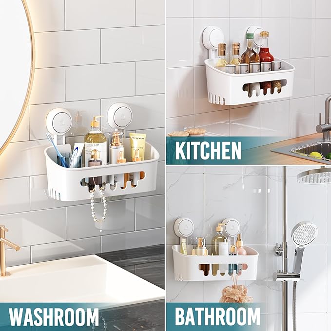 TAILI Shower Caddy Suction Cup, Heavy Duty Bathroom Organizer, Removable Shelves for Inside Shower, Shampoo, Waterproof Suction Plastic Storage for Bathroom Accessories Holder, White