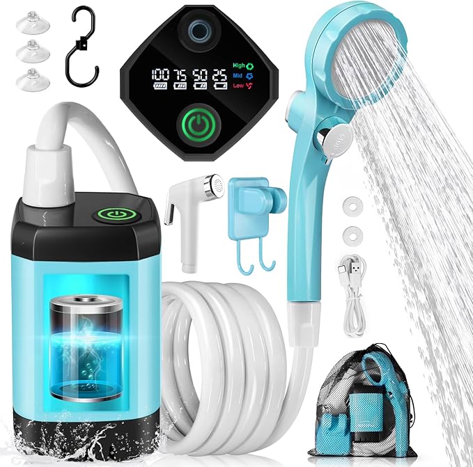 AUTOPkio Portable Camping Shower - Outdoor Camp Shower with Showerhead Sprayer & Rechargeable Battery Pump for Camping, Travel, Hiking, Car Washing, Pet Bath