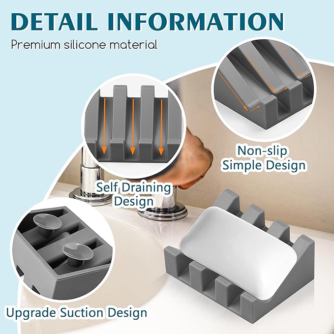 Silicone Soap Dish with Drain, Upgrade Double Suction Cups at The Bottom for Anti-Slip and Stability, Soap Dish Shower Waterfall Bar Soap Holder Tray with Drain Soap Holder (4, Grey)