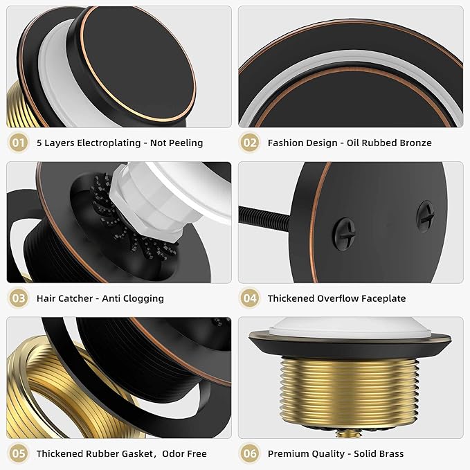 Oil Rubbed Bronze Tub Drain Kit with Hair Catcher, Premium Brass Tip-Toe Bathroom Tub Drain Replacement and 2-Hole Overflow Faceplate, 11.5/16 UNC Bathtub Drain Stopper Assembly