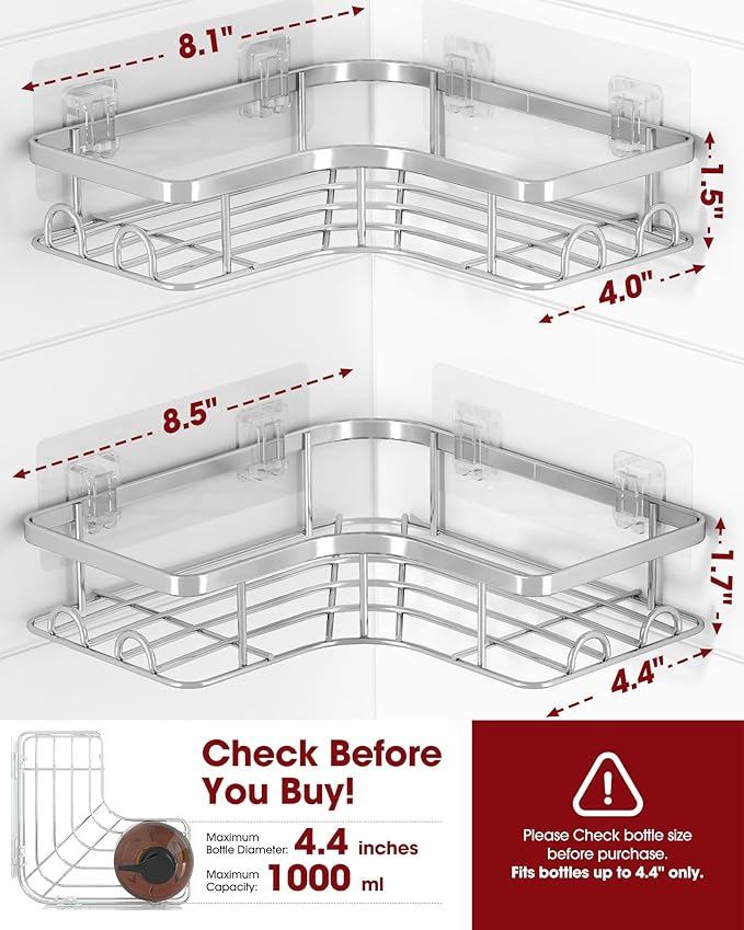 Corner Shower Caddy - 2 Pack, Adhesive Shower Organizers, Rustproof Stainless Steel Shower Shelves with 8 Hooks, No Drilling Bathroom Organizers and Storage Racks, Space-Saving, Silver, Medium