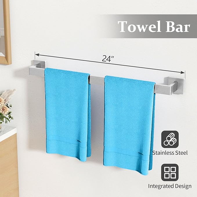 10-Piece Bathroom Hardware Accessories Set Brushed Nickel, 24 inch Towel Bar, Stainless Steel Towel Racks for Bathroom, Bath Towel Bar Set Wall Mounted