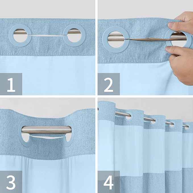 Stall No Hooks Needed Linen Textured Shower Curtain with Snap-in Fabric Liner Set,Hotel Luxury Decor Farmhouse Shower Curtains for Bathroom,Waterproof & Washable,54Wx80H,Fog Blue