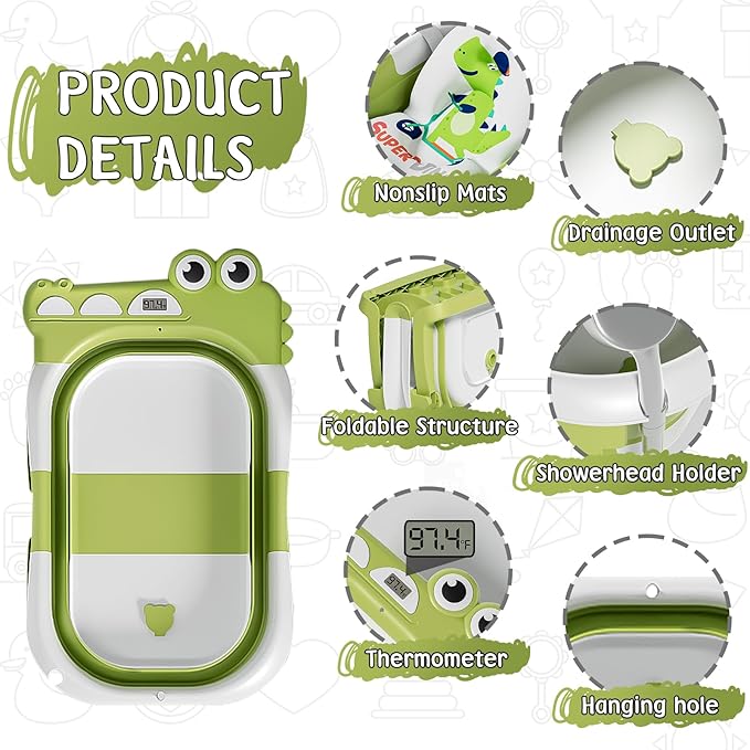 MoreFeel Collapsible Baby Bathtub for Newborn with Thermometer & 1 Hooded Towel & 1 Soft Floating Cushion,Portable Travel Bathtub with Drain Hole, Durable Foldable Baby Tubs for Infants to Toddler