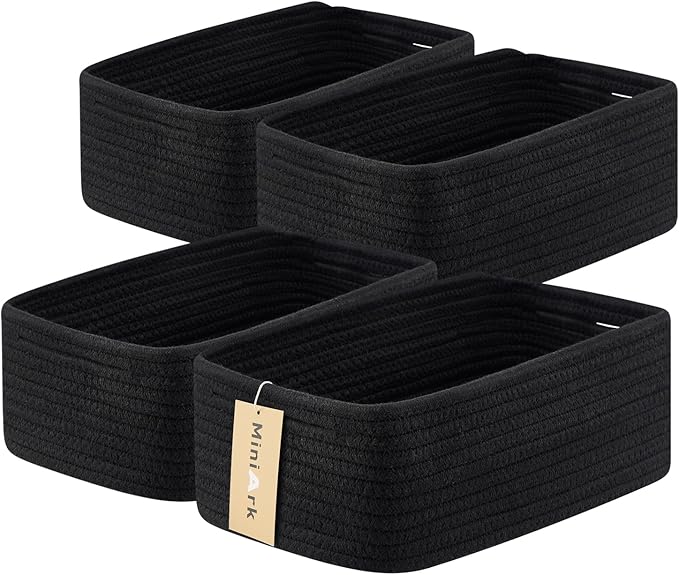 Small Storage Baskets for Organizing | Closet Organizer Bins | Shelf Toy Basket | Woven Rope Baskets | Cube Decorative Box | Shallow Basket | 13x8.5x5.1” | 4 Packs Black