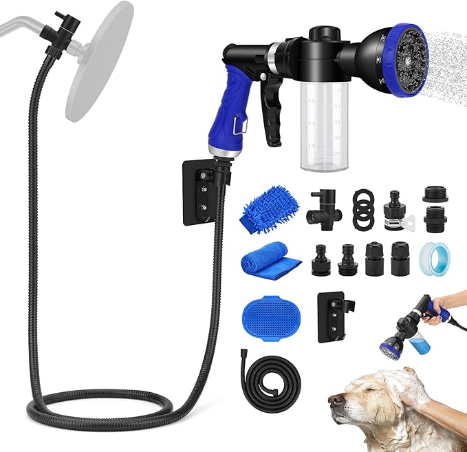 Dog Shower Attachment Water Hose Nozzle Sprayer Set with Metal 3-Way Diverter & 6.6 Ft Long Hose, Tub Faucet for Shower Arm Easy Faucet Pup Pet Bathing Sprayer Washer Kit