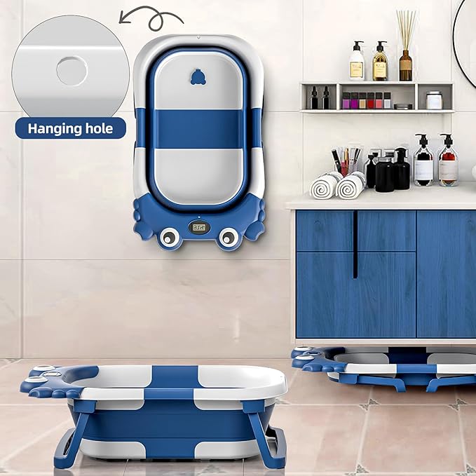 Collapsible Baby Bathtub for Newborns to Toddler with Real-time Temp Monitor & Floating Cushion,Portable Travel Tub for 0-36 Month, Foldable Baby Bath Tub for Infants Boy (Blue)