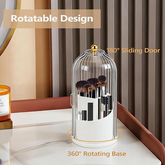 Toothbrush Holder with Cover, 360 Rotating Dust-proof Toothbrush Holder 3 Slots Rotating Makeup Brush Holder for Vanity Bathroom Countertop Organizer (Transparent)