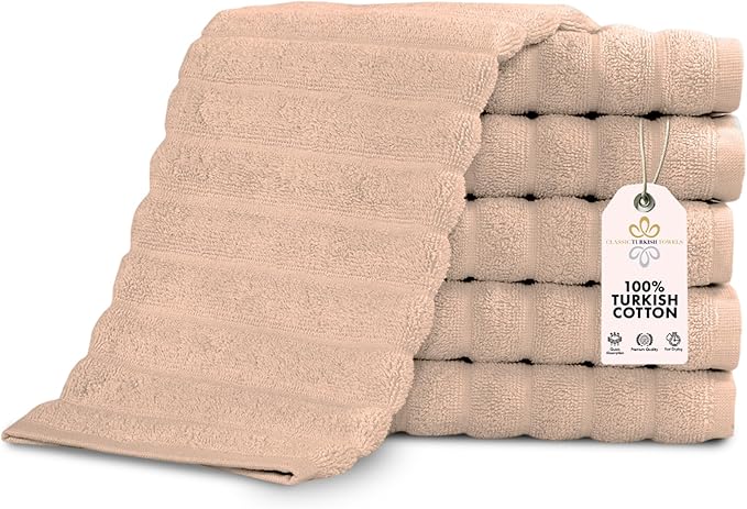 Classic Turkish Towels CTT Luxurious 100% Turkish Cotton Washcloths 6 Pack, Highly Absorbent & Quick Dry, Face Towels Wash Cloths for Hotel, Spa & Gym | 13"x13" (Almond Beige)