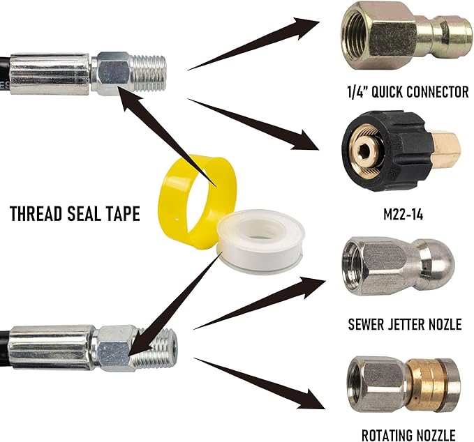 Hourleey Sewer Jetter Kit for Pressure Washer 50FT, Drain Cleaner Hose 1/4 Inch NPT, Orifice 4.0 Button Nose and Rotating Sewer Jetting Nozzle Spanner Tape Pearl Corsage Pin, 4000 PSI
