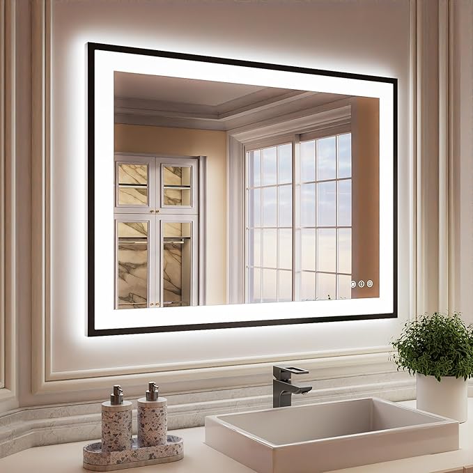 ISKM Framed LED Mirror for Bathroom 40"x30", Dimmable LED Bathroom Mirror with Lights, Anti-Fog, Front and Backlit Lighted Mirror 3-Colors, Shatterproof, Memory Function