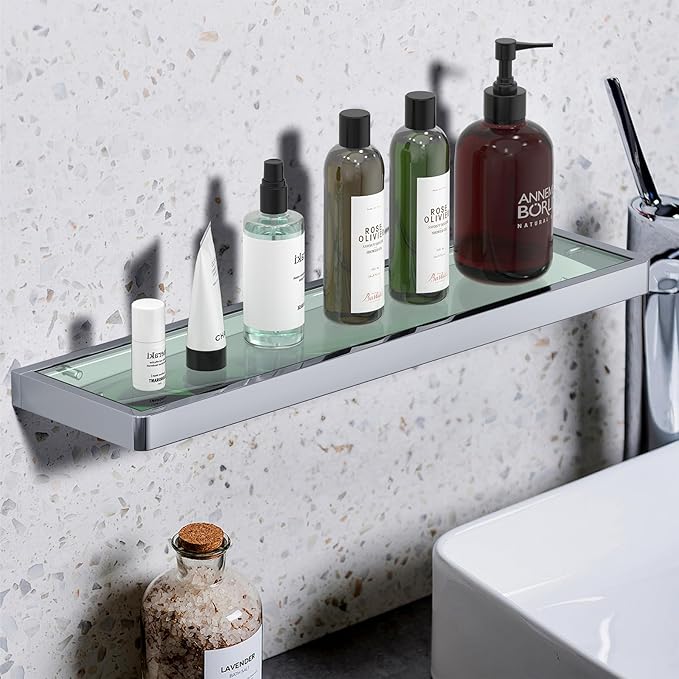 20IN Bathroom Shelves/Shelf Glass Wall Mount Floating Shelves for Bathroom Tempered Glass Rectangular 1 Tier Organizer Wall Shelf (Chrome Polished, 20'')
