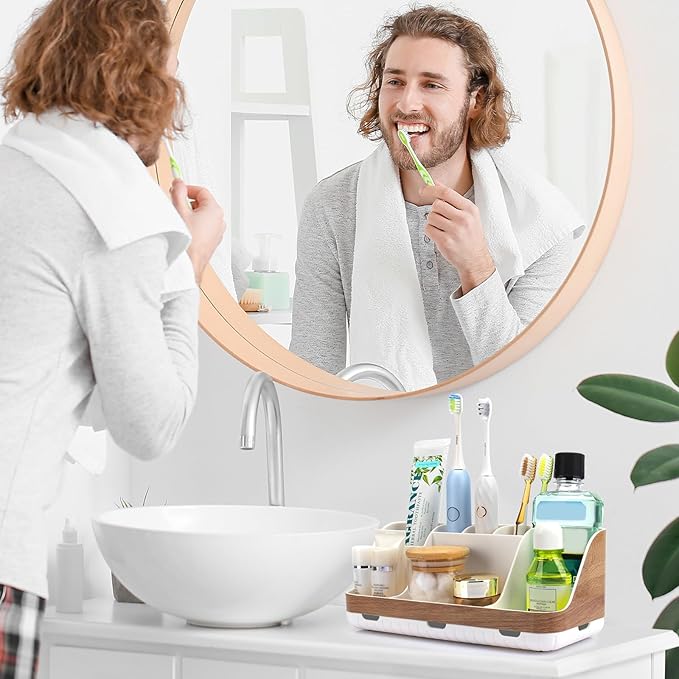 Bathroom Countertop Organizer - Detachable 7 Slots Kids Electric Toothbrush and Toothpaste Holde Drainage for Bathroom Accessories Organization Counter Vanity Storage, Woodgrain
