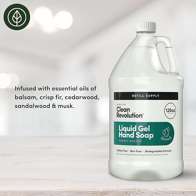 Clean Revolution Liquid Gel Hand Soap, Silky Rich Liquid, Quick Lather, Fast Rinsing, Contains Real Essential Oils (Forest Escape) 128 Fl Oz