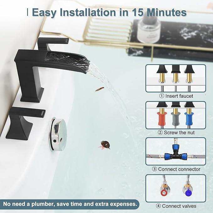 Brass High Flow Roman Bathtub Faucet Black Tub Faucet, Waterfall Bath Tub Faucet Set 3 Hole, Widespread Bathtub Faucets Deck Mount Bath Tub Faucets with 2 Knob, Pre-Installed Water Hose