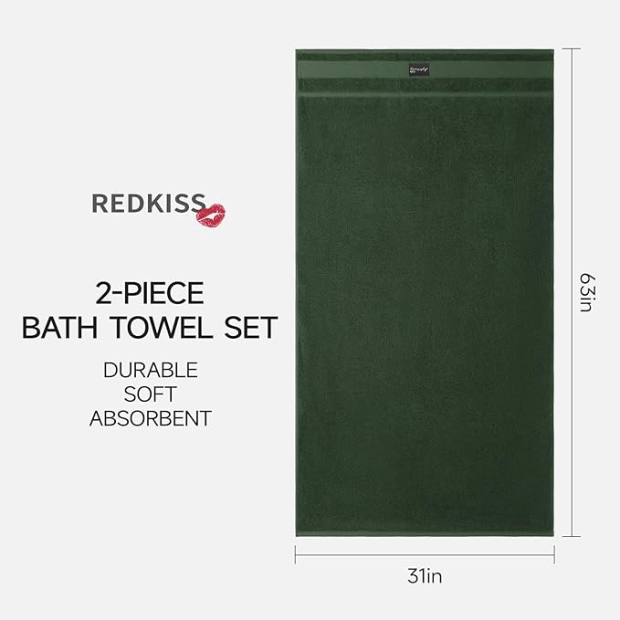 REDKISS Large Bath Towels Set 2 Piece, 100% Cotton, 31x63 in,Heavyweight 760GSM, Highly Absorbent & Quick Dry, Super Soft Luxury Towels for Bathroom,Hotel Collection - Green