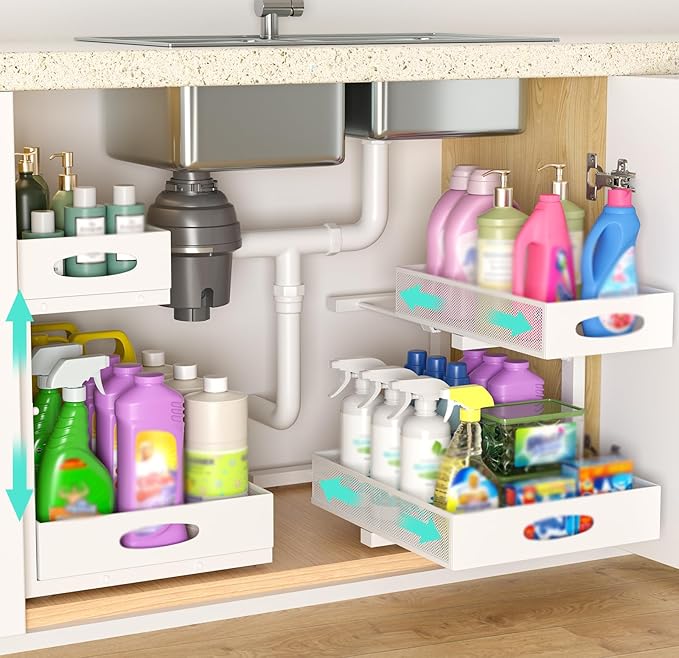 Under Sink Organizer, Extra-Wide Upgrade, 2 Pack 2 Tier Metal Slide Out Cabinet Organizer, Height Adjustable Organization and Storage Series, Bathroom/Cabinet/Kitchen organization, White