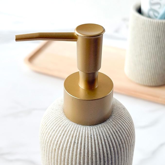Lunestella Sand Beige Hand Soap Dispenser for Bathroom and Kitchen with Matte Gold Pump, Lotion, Dish Soap, Multiuse, Luxury Farmhouse Style, Sandstone Finish, Rust Proof, 7oz (Matte Gold)