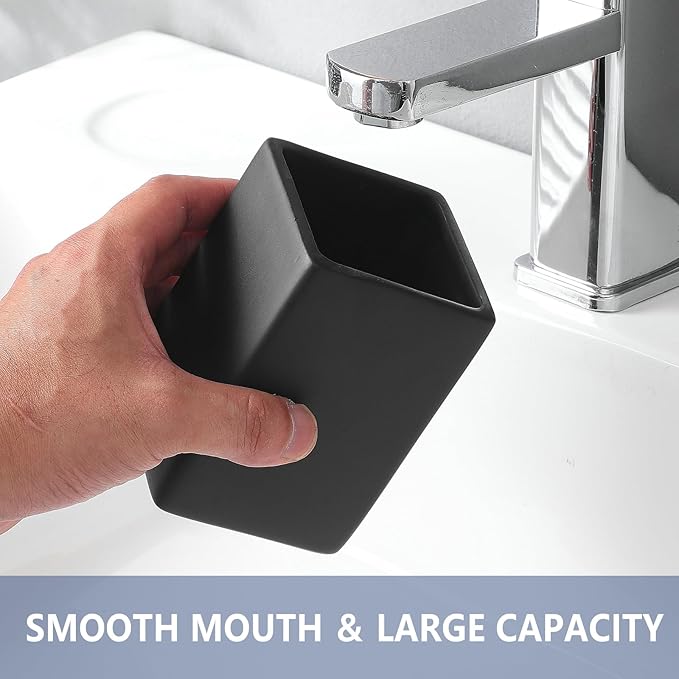 Ceramic Black Square Toothbrush Holder for Bathrooms - 1 Cup Square Toothbrush Toothpaste Holders, Bathroom Tumbler Cup Reusable Toothbrush Mouthwash Cup, Bathroom Counter Organizer.